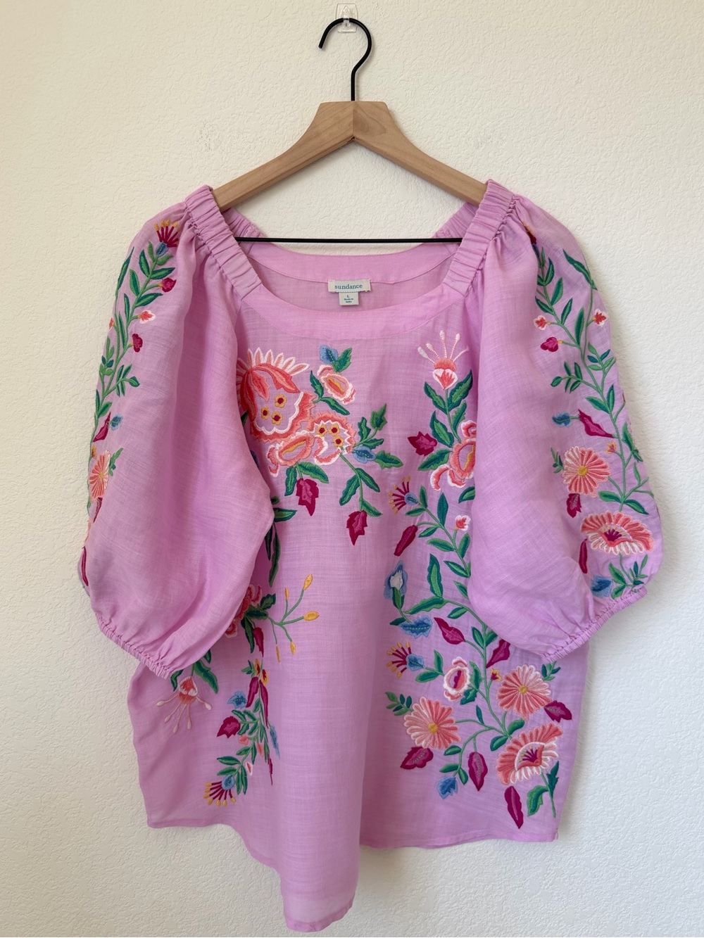 Sundance Floral Embroidered Pink Floral Embroidered Puff-Sleeve Top Blouse L - Picture 13 of 13